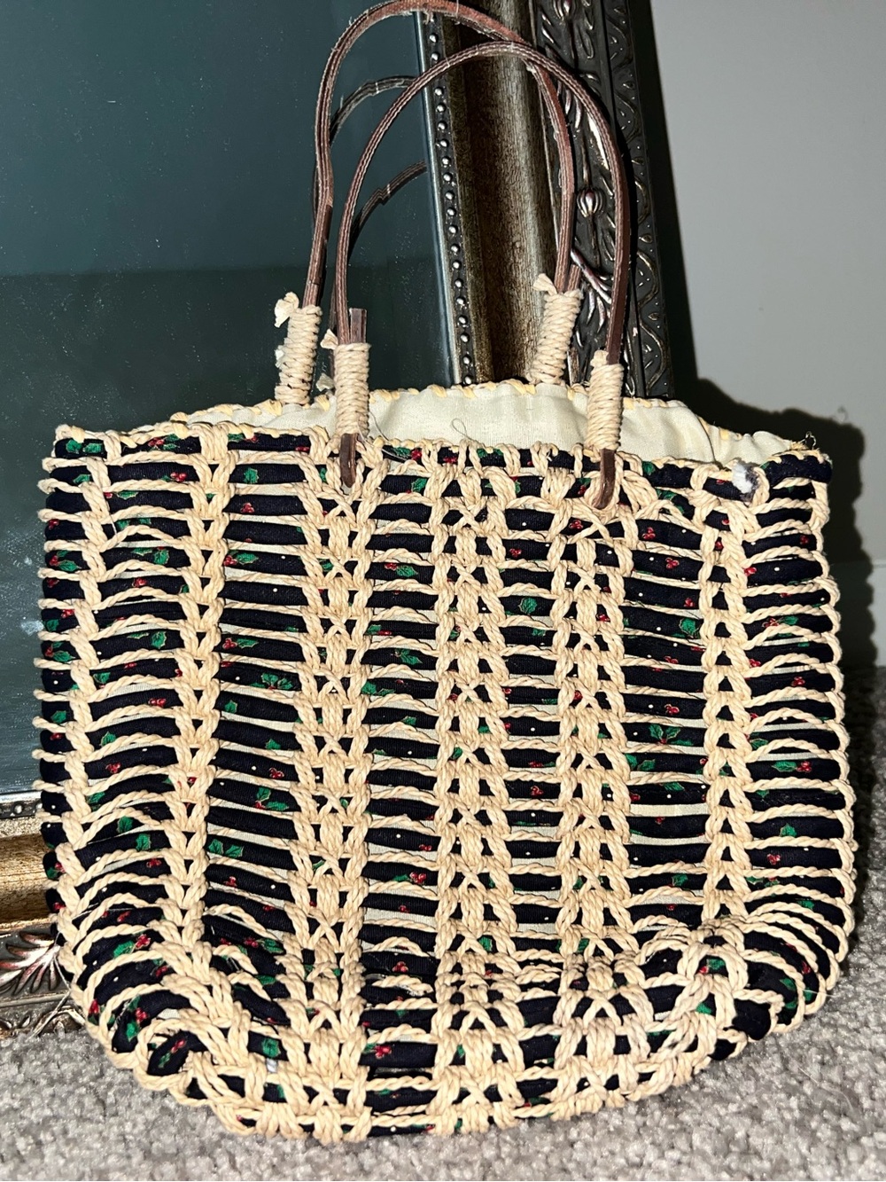 Vera Bradley Vintage Black & Natural Straw Tote Bag with Leather Handles